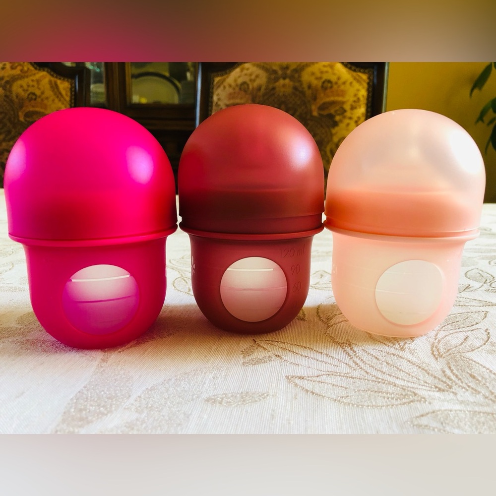 3 Boon Nursh Silicone Pouch 4oz Baby Bottles - Slow Flow Nipple, Pink, 0-3M